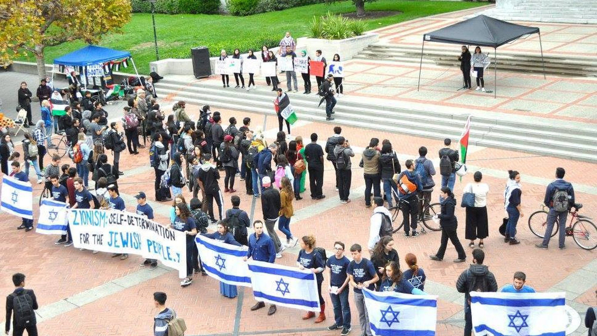 Students with UC Berkeley’s “Bears for Israel” hold a counter-demonstration at a Students for Justice in Palestine rally in the fall of 2018. Source: “Bears for Israel” via Facebook.
