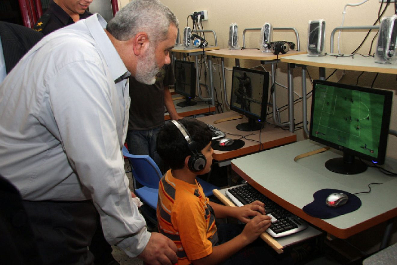 Ismail Haniyeh, who heads the Hamas government in Gaza, visits a computer center for children in Gaza City on Oct. 13, 2008. Photo by Abed Rahim Khatib/Flash 90.