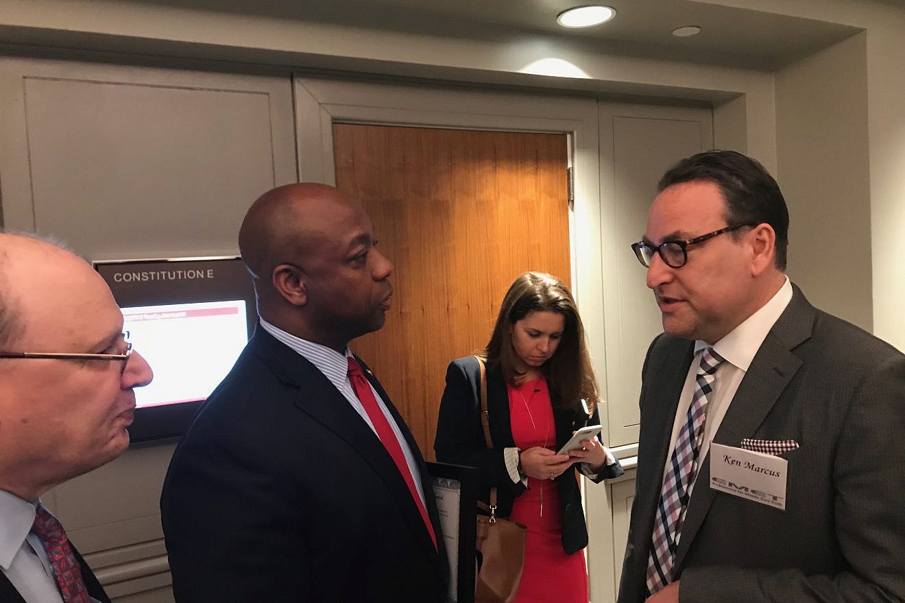 Assistant Secretary of Education for Civil Rights Kenneth L. Marcus (right) speaks with Sen. Tim Scott (R-S.C.) in Washington at the annual gala for the Endowment for Middle East Truth on June 12, 2018. Photo by Jackson Richman/JNS.