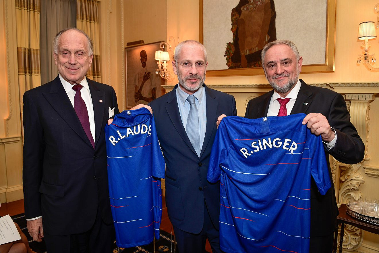 From left: WJC President Ronald S. Lauder, director for Chelsea Football Club Eugene Tenenbaum and WJC CEO Robert Singer. Credit: Photo by Shahar Azran/World Jewish Congress.