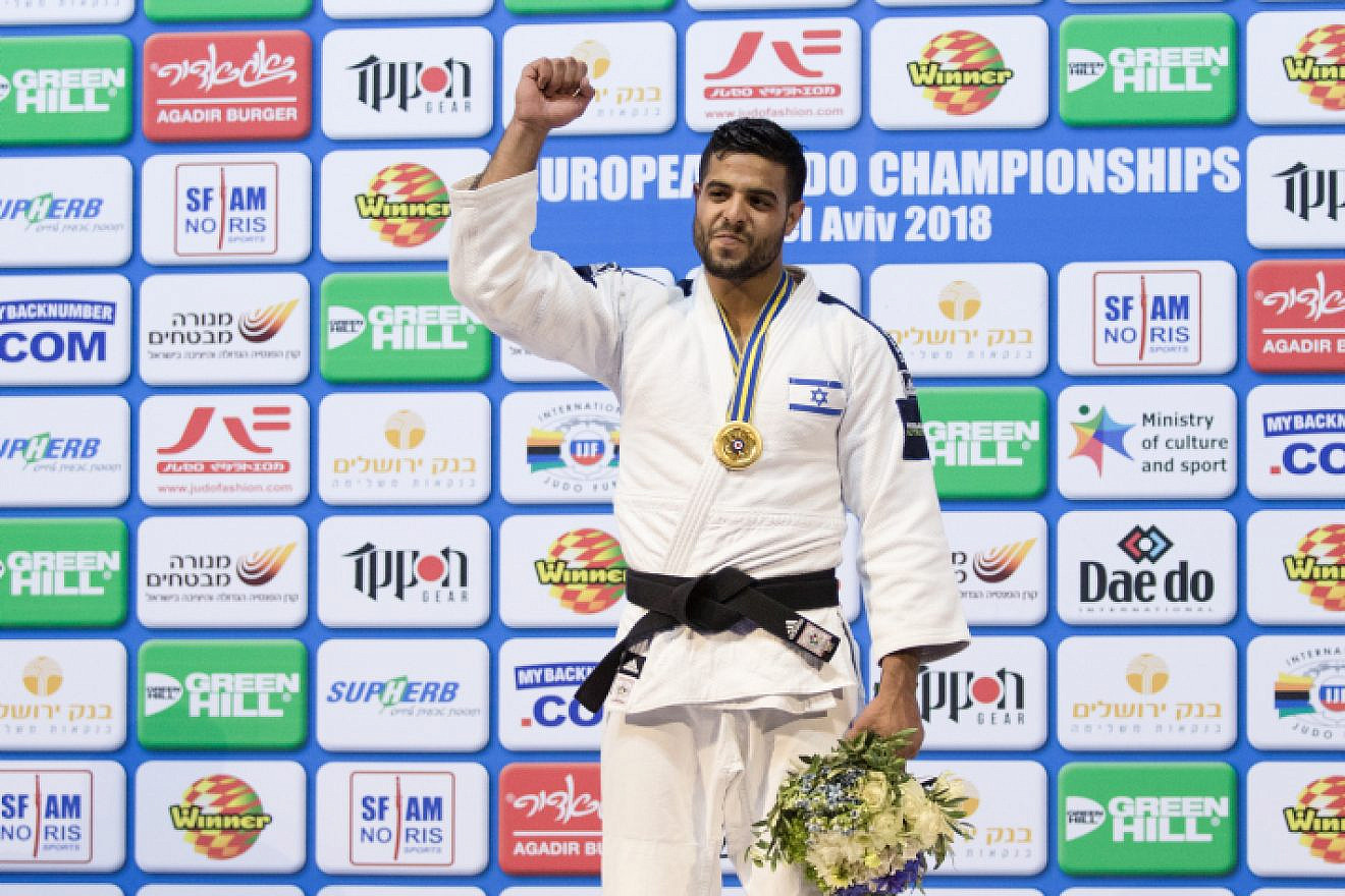 Israel's Sagi Muki earns the gold medal on the podium after winning in the men's “under 81 kilogram” weight category during the European Judo Championship in Tel Aviv on April 27, 2018. Photo by Roy Alima/Flash90.