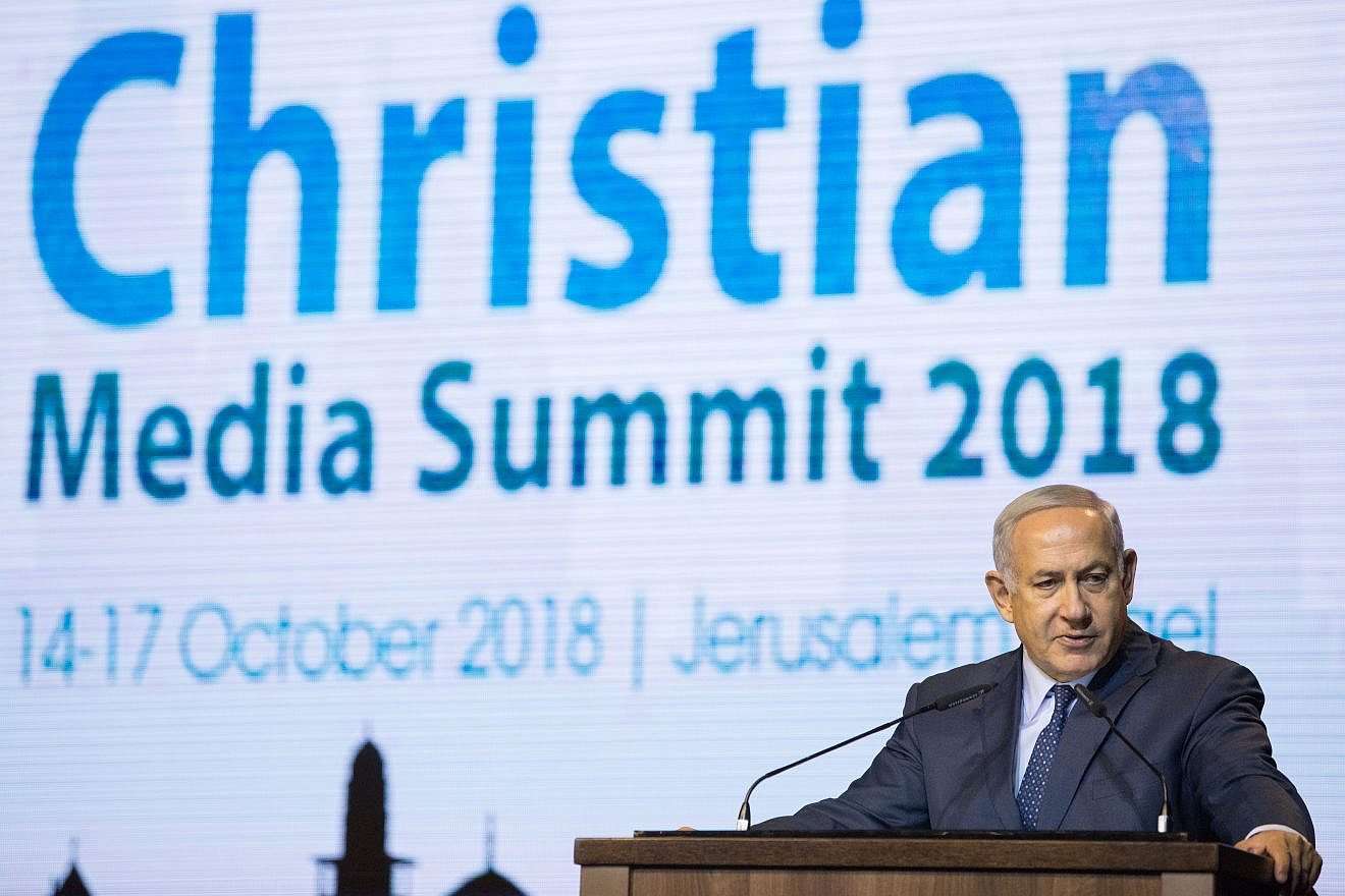 Israeli Prime Minister Benjamin Netanyahu speaks to members of the Christian press during an event in Jerusalem on Oct. 14, 2018. Photo by Yonatan Sindel/Flash90.