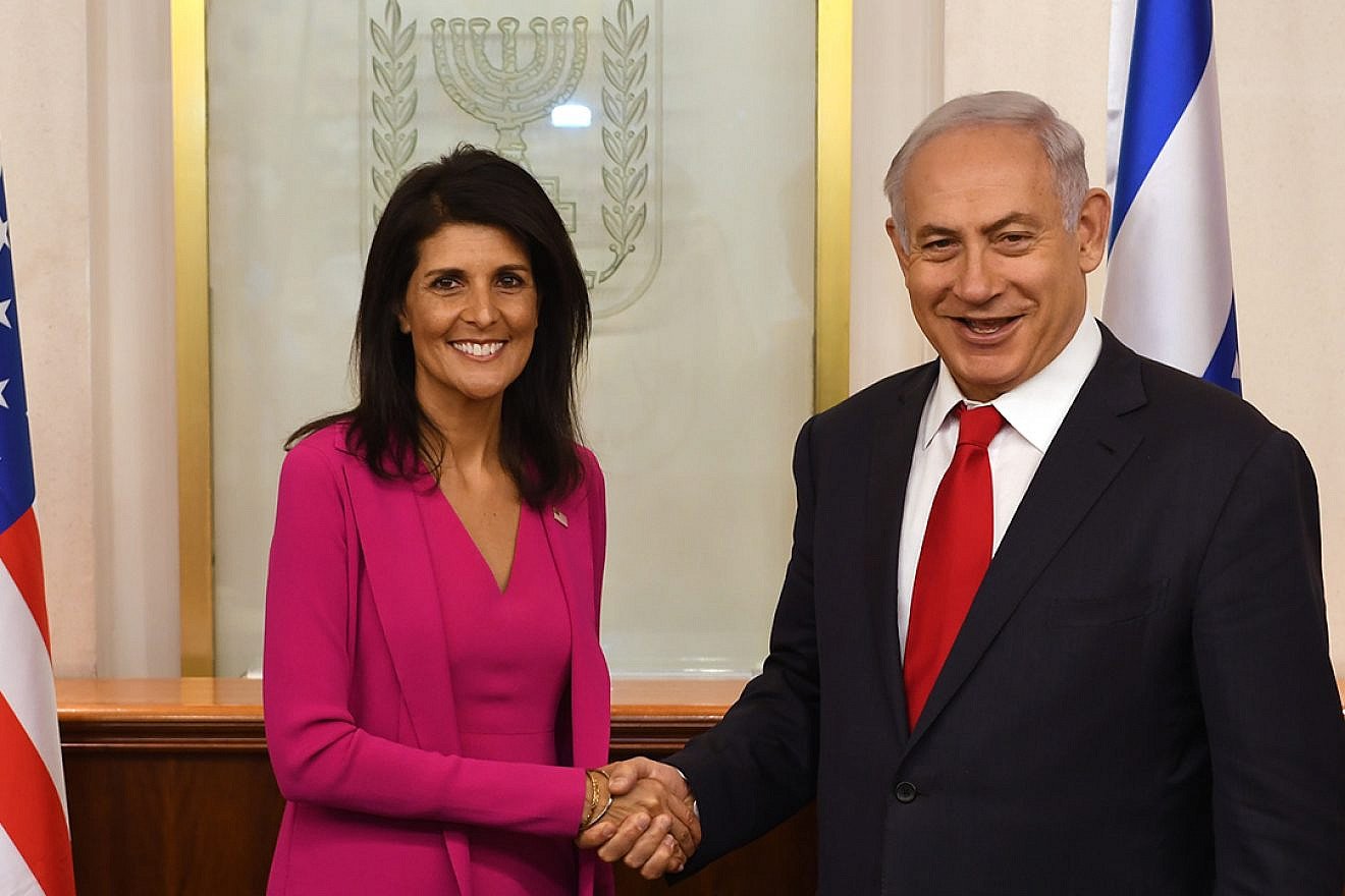 U.S. Ambassador to the United Nations Nikki Haley with Israeli Prime Minister Benjamin Netanyahu at his office in Jerusalem on June 7, 2017. Credit: U.S. Embassy/Tel Aviv via Wikimedia Commons.
