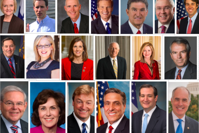 From left to right: Sen. Claire McCaskill (D-Mo.), Missouri Attorney General Josh Hawley, Florida Gov. Rick Scott, Sen. Bill Nelson (D-Fla.), Sen. Joe Manchin (D-W.Va.), West Virginia Attorney General Patrick Morrissey, Rep. Beto O'Rourke (D-Tex.), Sen. Joe Donnelly (D-Ind.), Rep. Krysten Sinema (D-Ariz.), Rep. Martha McSally (R-Ariz.), former Tennessee Gov. Phil Bredesen, Rep. Marsha Blackburn (R-Tenn.), New Jersey businessman Bob Hugin, Sen. Bob Menendez (D-N.J.), Rep. Jacky Rosen (D-Nev.), Sen. Dean Heller (R-Nev.), Rep. Lou Barletta (R-Penn.), Sen. Ted Cruz (R-Tex.), Sen. Bob Casey (D-Penn.). Photo collage by Jackson Richman/JNS.