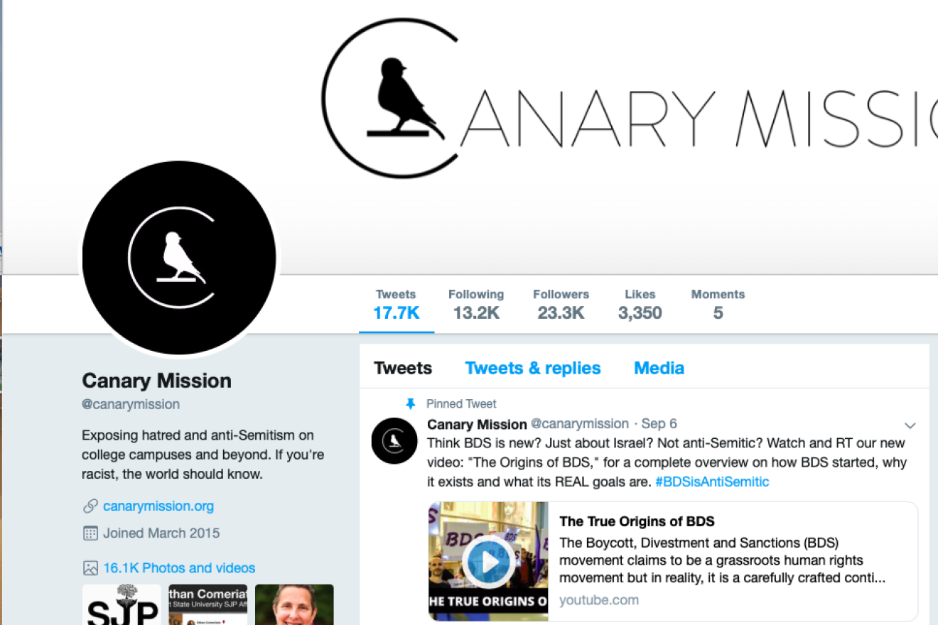 Canary Mission Twitter page. Credit: Screenshot.