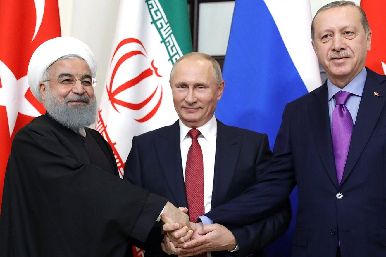 From left: Iranian President Hassan Rouhani, Russian President Vladimir Putin and Turkish President Recep Tayyip Erdoğan in Russia in 2017. Source: Kremlin.