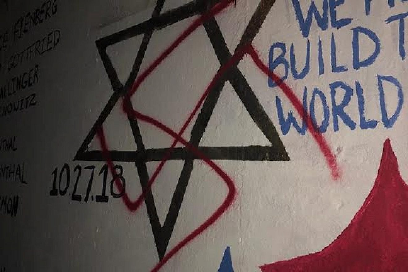 A mural at Duke University in memory of the Oct. 27 shooting at Tree of Life*Or L’Simcha Synagogue in Pittsburgh was found vandalized with a swastika on Nov. 18, 2018. Credit: Olivia Levine.