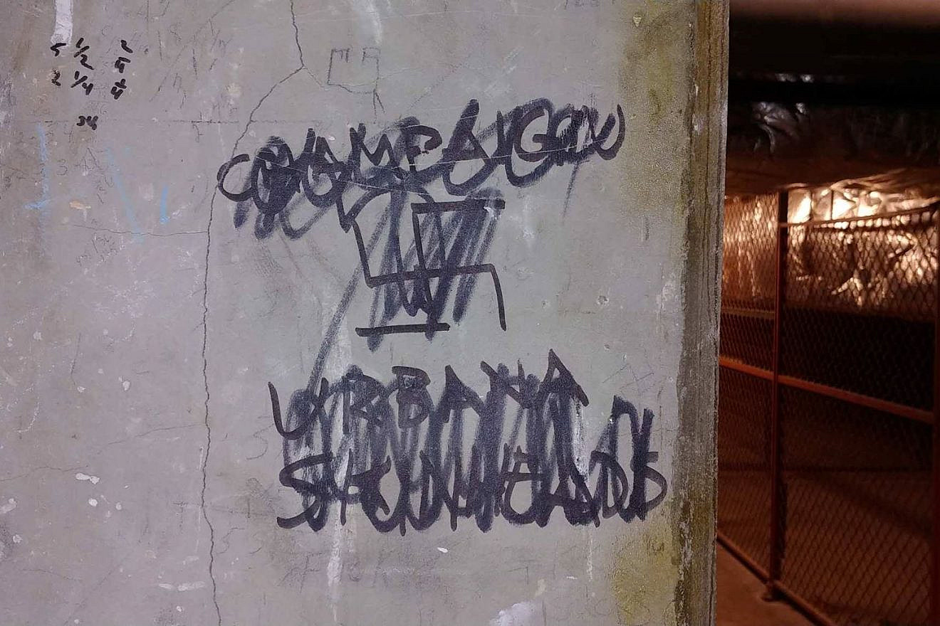 A swastika scrawled in a tunnel connecting chemistry buildings at the University of Illinois-Champaign was discovered between Nov. 16 and Nov. 19, 2018. Credit: Elan Karoll.