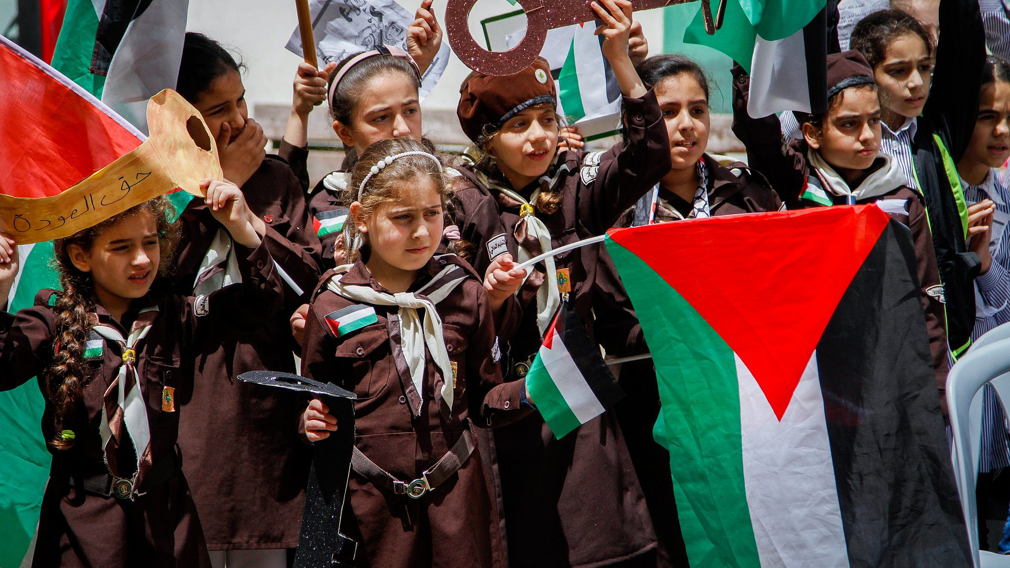 Children participate in a rally at a school in Nablus marking the 70th anniversary of the “Nakba, May 13, 2018. Photo by Nasser Ishtayeh/Flash90.