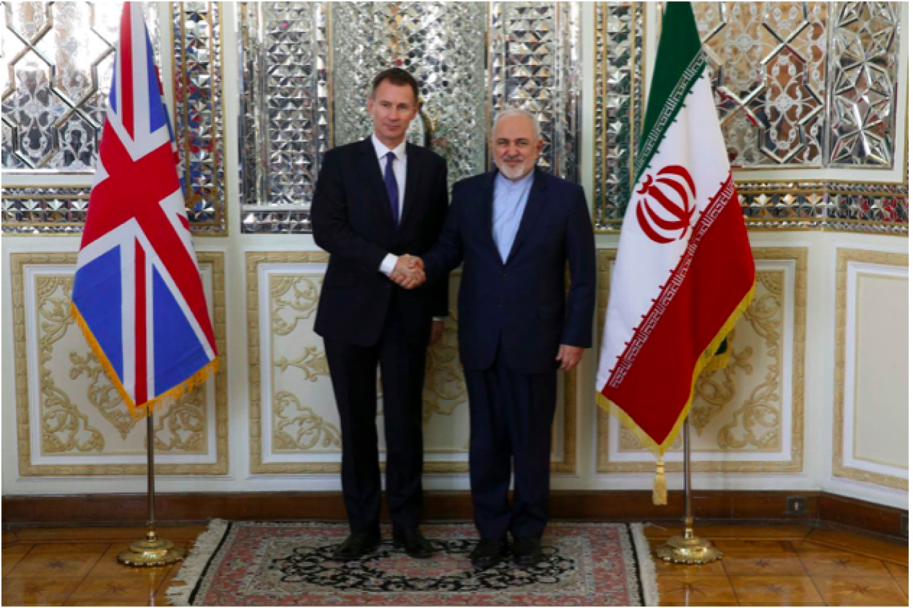 British Foreign Secretary Jeremy Hunt (left) with Iranian Foreign Minister Mohammad Javad Zarif in Tehran on Nov. 19, 2018. Credit: Screenshot.