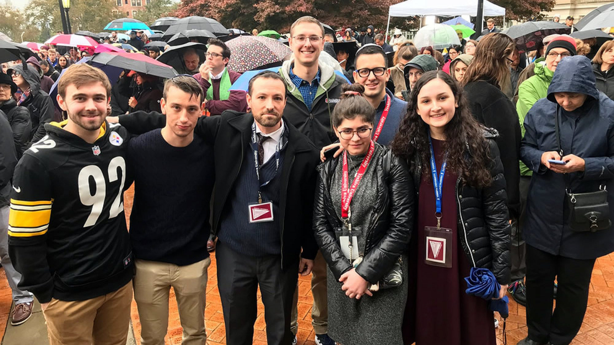 Rabbi Dr. Ari Sytner (center) with community members in Pittsburgh, there to provide comfort after 11 Jewish worshippers were shot and killed by a gunman the Tree of Life*Or L’Simcha Synagogue on Oct. 27, 2018. Credit: Courtesy.