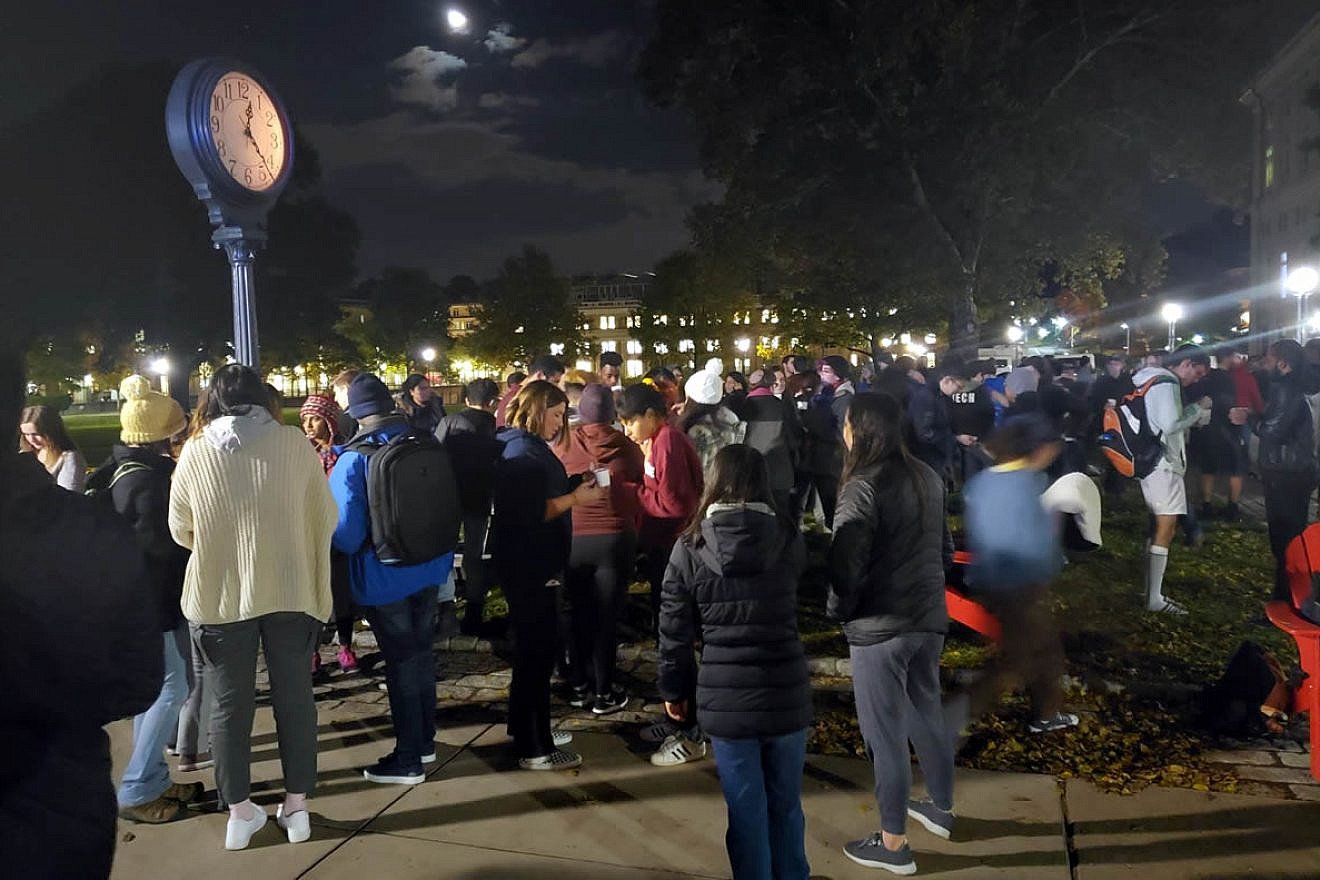A prayer vigil at Carnegie Mellon University in Pittsburgh on Oct. 29, 2018, two days after the shooting at the Tree of Life*Or L’Simcha Synagogue that left 11 Jewish worshippers dead. Credit: Chabad of CMU.