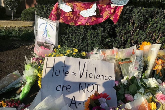 A memorial outside of the Tree of Life*Or L’Simcha Synagogue in Pittsburgh.  Source: Screenshot.