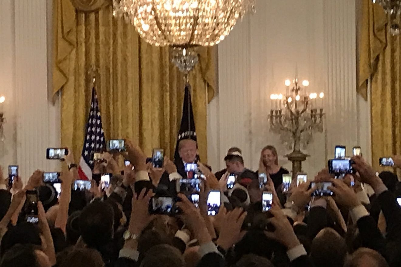 U.S. President Donald Trump addresses guests at the second Hanukkah party the White House hosted on Dec. 6, 2018. Photo by Jackson Richman/JNS.