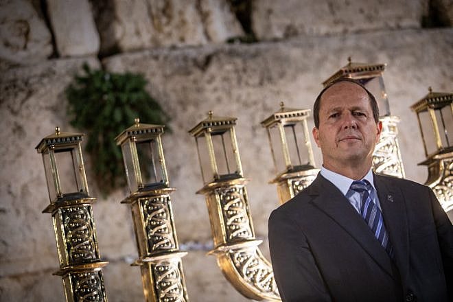 Then-Jerusalem Mayor Nir Barkat attends a Chanukah event at the Western Wall in the Old City on Dec. 3, 2018. Photo by Aharon Krohn/Flash90.
