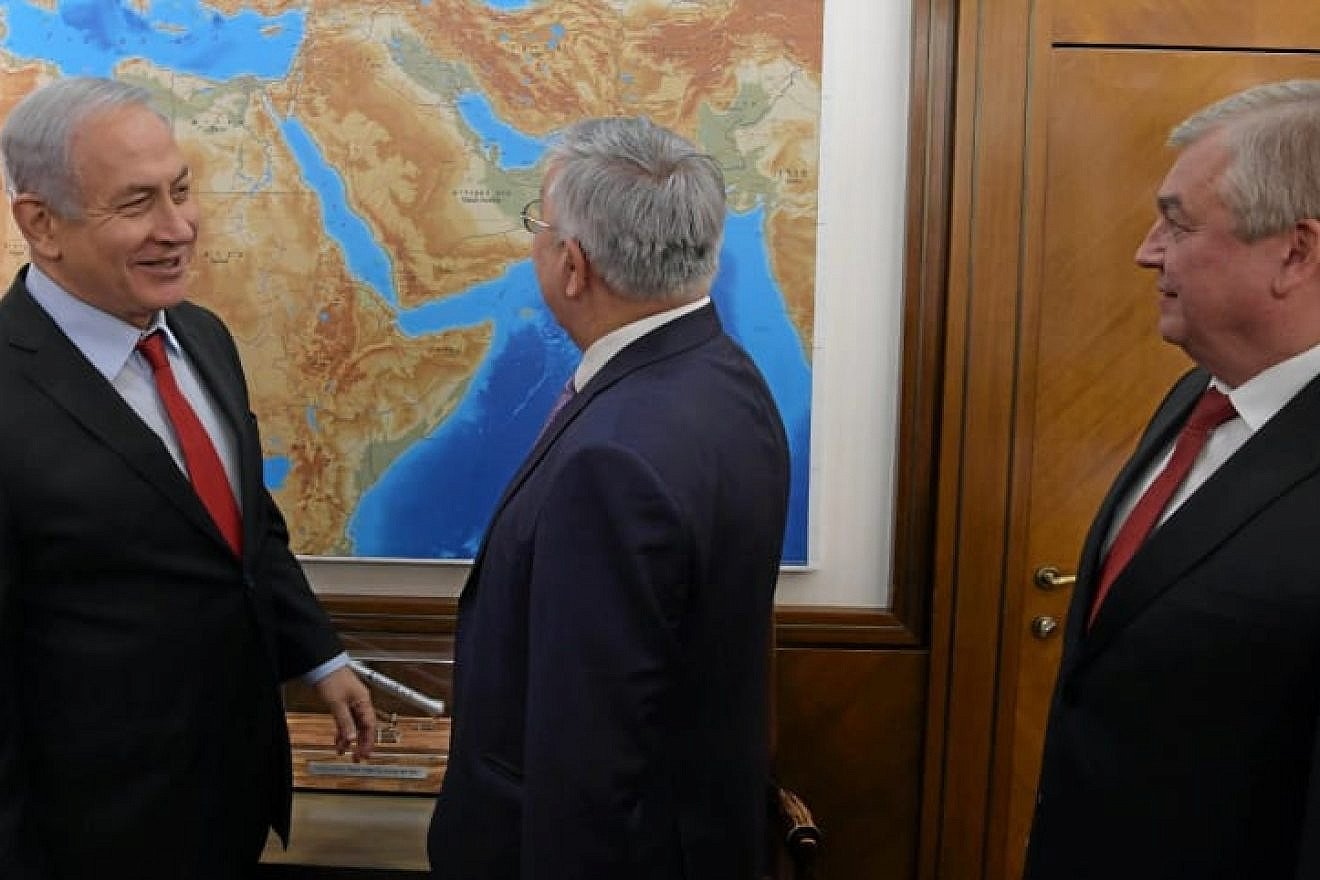 Israeli Prime Minister Benjamin Netanyahu, with Russia's special representative for Syria Alexander Lavrentiev and Russian Deputy Foreign Minister Sergey Vershinin, in Jerusalem on Jan. 29, 2019. Credit: Amos Ben Gershom/GPO.