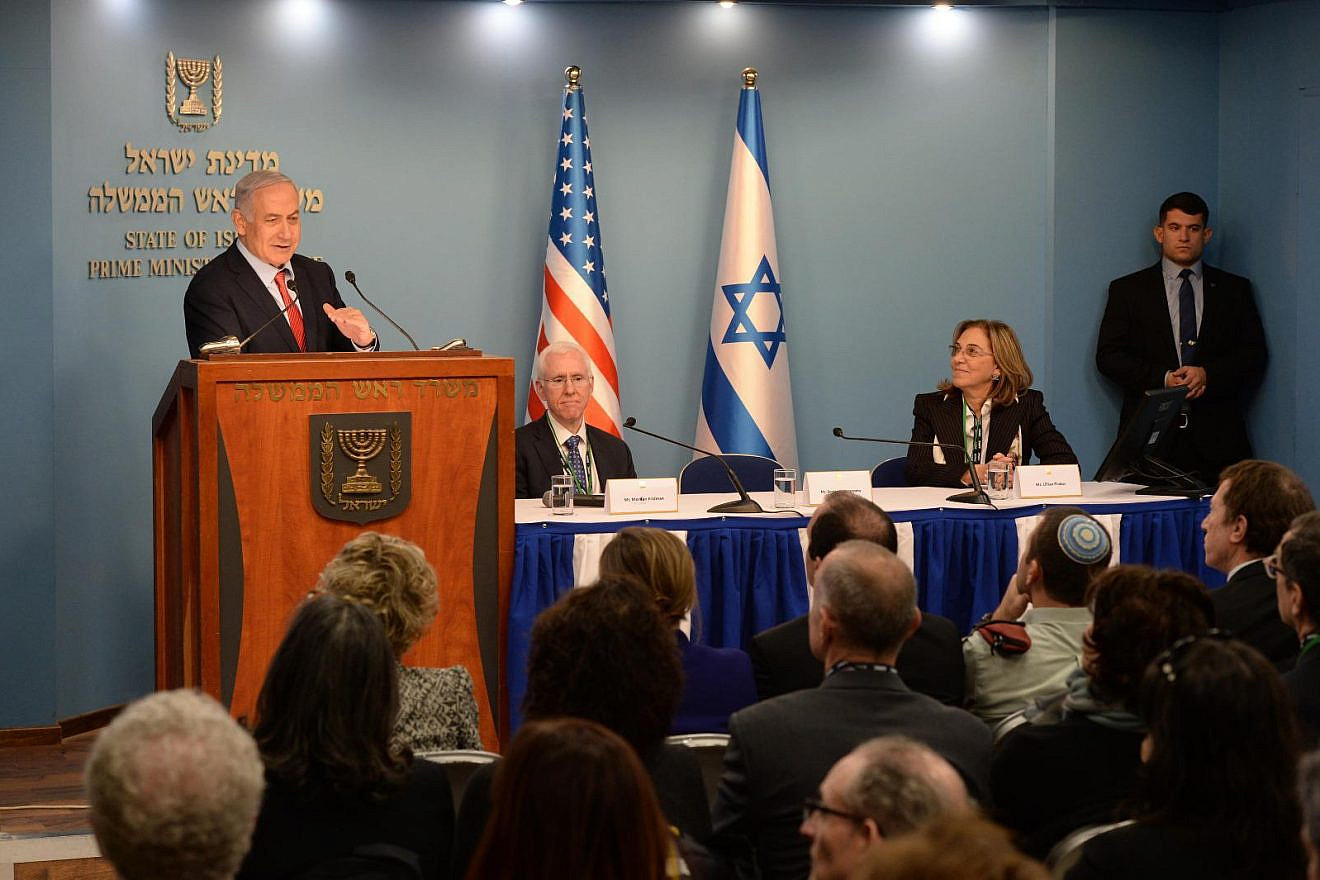 Israeli Prime Minister Benjamin Netanyahu addressing leaders in Jerusalem from the American Israel Public Affairs Committee. Credit: Haim Zach/GPO.