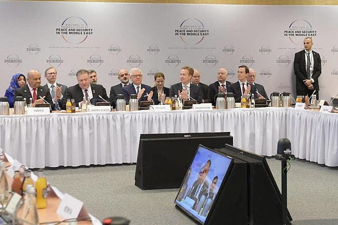U.S. Secretary of State Mike Pompeo addresses “The Ministerial Conference to Promote a Future of Peace and Security in the Middle East” in Warsaw on Feb. 14, 2019. Credit: Amos Ben-Gershom/GPO.