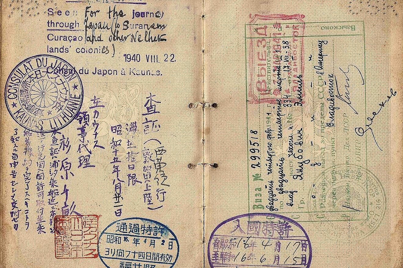 A 1940 transit visa issued by consul Chiune Sugihara, the Japanese “Oskar Schindler,” in Lithuania. The holder was Czech and used his Czechoslovakian passport, issued to him in 1938. He managed to escape to Poland in 1939 and travel from there to Lithuania. In 1940, he received the visa for travel via Siberia and Japan to Surinam. Credit: Wikipedia.