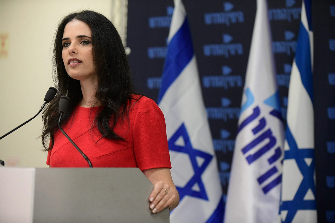 Justice Minister Ayelet Shaked at a press conference announcing Hapoel Beer Sheva owner Alona Barkat is officially joining the New Right Political party, in Tel Aviv on February 7, 2019. Credit: Tomer Neuberg/Flash90