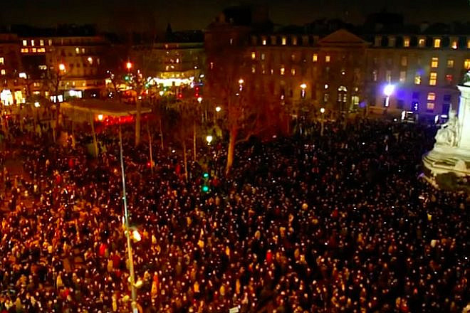 Thousands joined rallies near the Place de la Republique in Paris and across the country to oppose a rising wave of antisemitism throughout France, Feb. 19, 2019. Source: Screenshot.