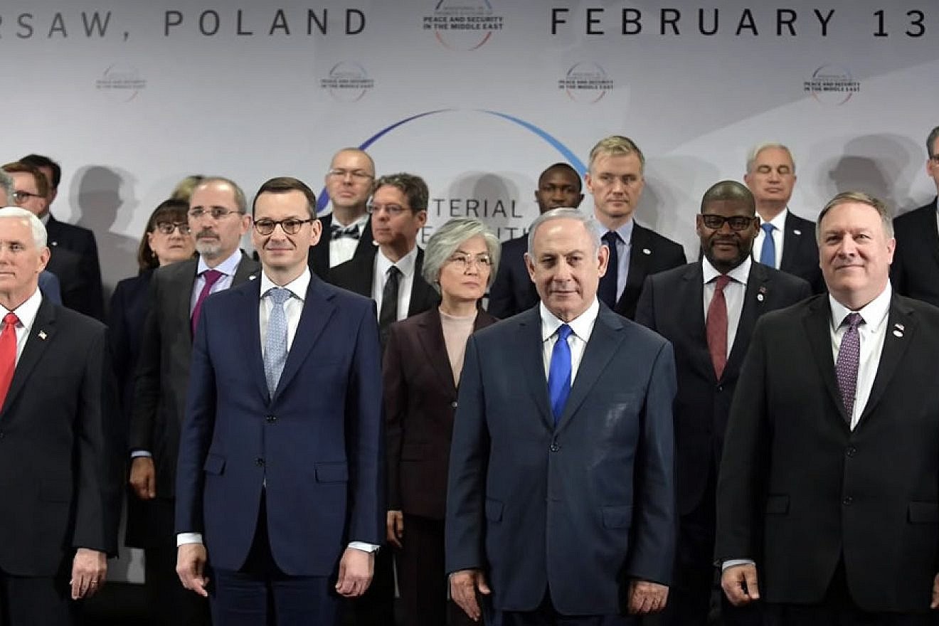 Leaders at the Warsaw summit, called “The Ministerial Conference to Promote a Future of Peace and Security in the Middle East.” Israeli Prime Minister Benjamin Netanyahu is at center. Credit: U.S. Secretary of State Mike Pompeo/Twitter.