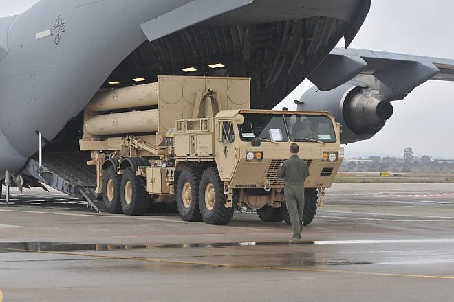 The Terminal High Altitude Area Defense (THAAD) mobile ballistic missile interception system being loaded by the U.S. Air Force for delivery to Israel. Credit: U.S. Army Europe.