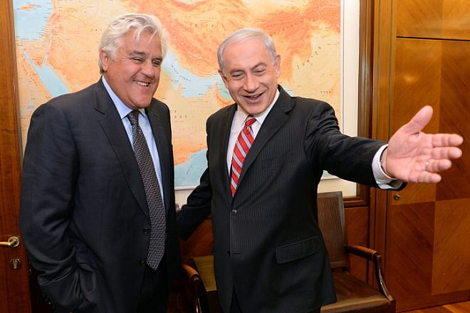 Israel's Prime Minister Benjamin Netanyahu with American comedian Jay Leno at the Prime Minister's Office in Jerusalem on May 21, 2014. Photo by Kobi Gideon/ GPO/Flash90.