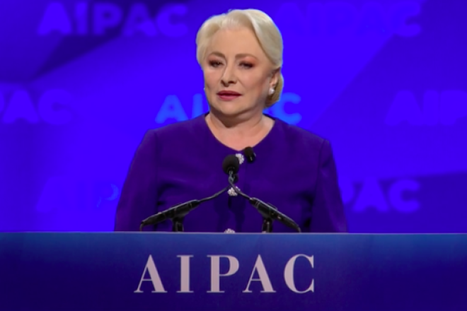 Romanian Prime Minister Viorica Dăncilă addresses the 2019 AIPAC Policy Conference in Washington, D.C. Credit: Screenshot.
