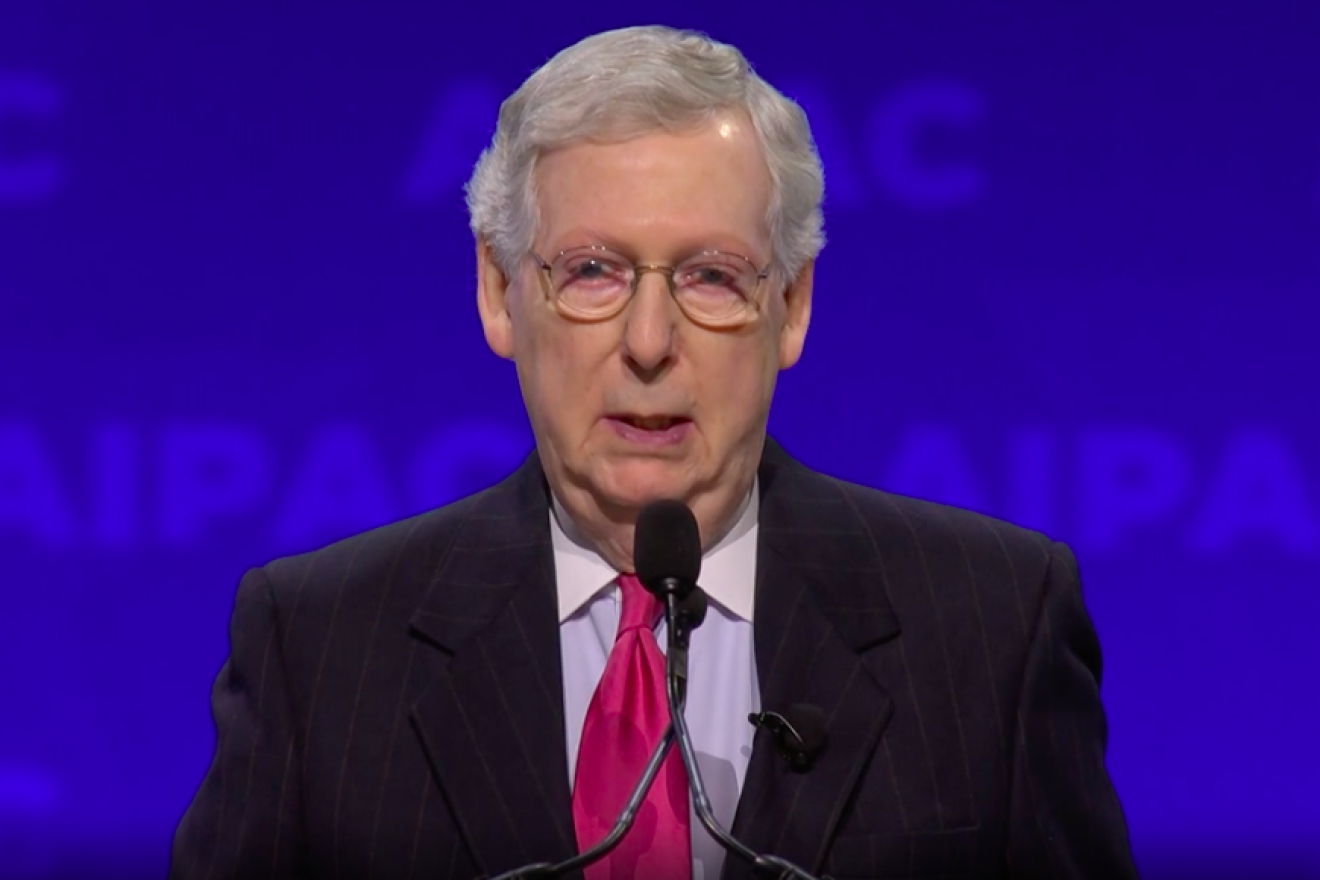 U.S. Senate Majority Leader Mitch McConnell (R-Ky.) addresses the annual AIPAC conference in Washington, D.C., on March 26, 2019. Credit: Screenshot.
