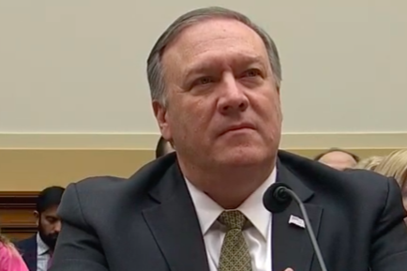 U.S. Secretary of State Mike Pompeo at the U.S. House Foreign Affairs Committee in Washington, D.C., on March 27, 2019, where he testified about the U.S. State Department's 2020 budget proposal. Credit: Screenshot.