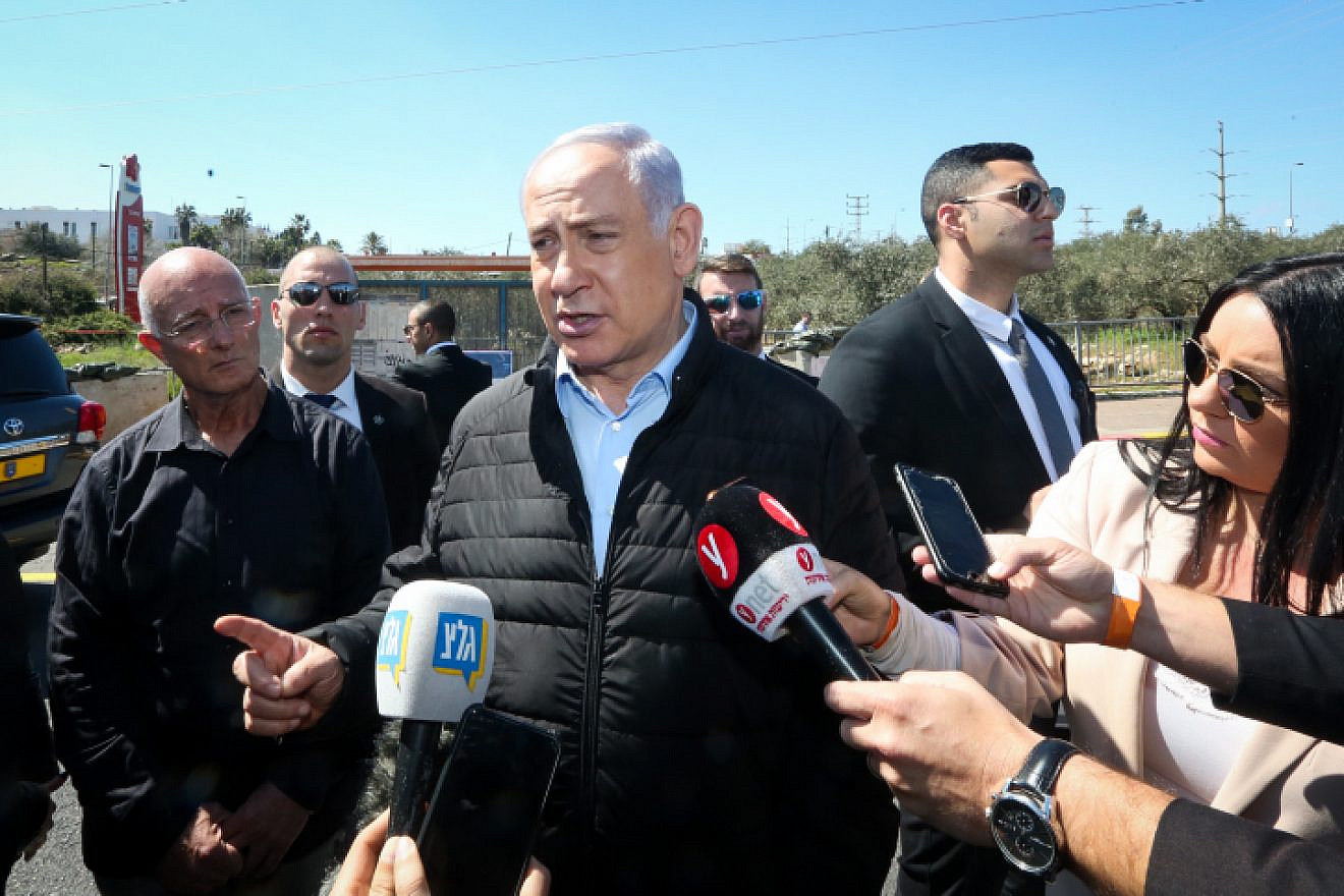 Israeli Prime Minister Benjamin Netanyahu visits the site of a deadly terror attack near Ariel in the West Bank on March 18, 2019. Photo by Marc Israel Sellem/POOL.