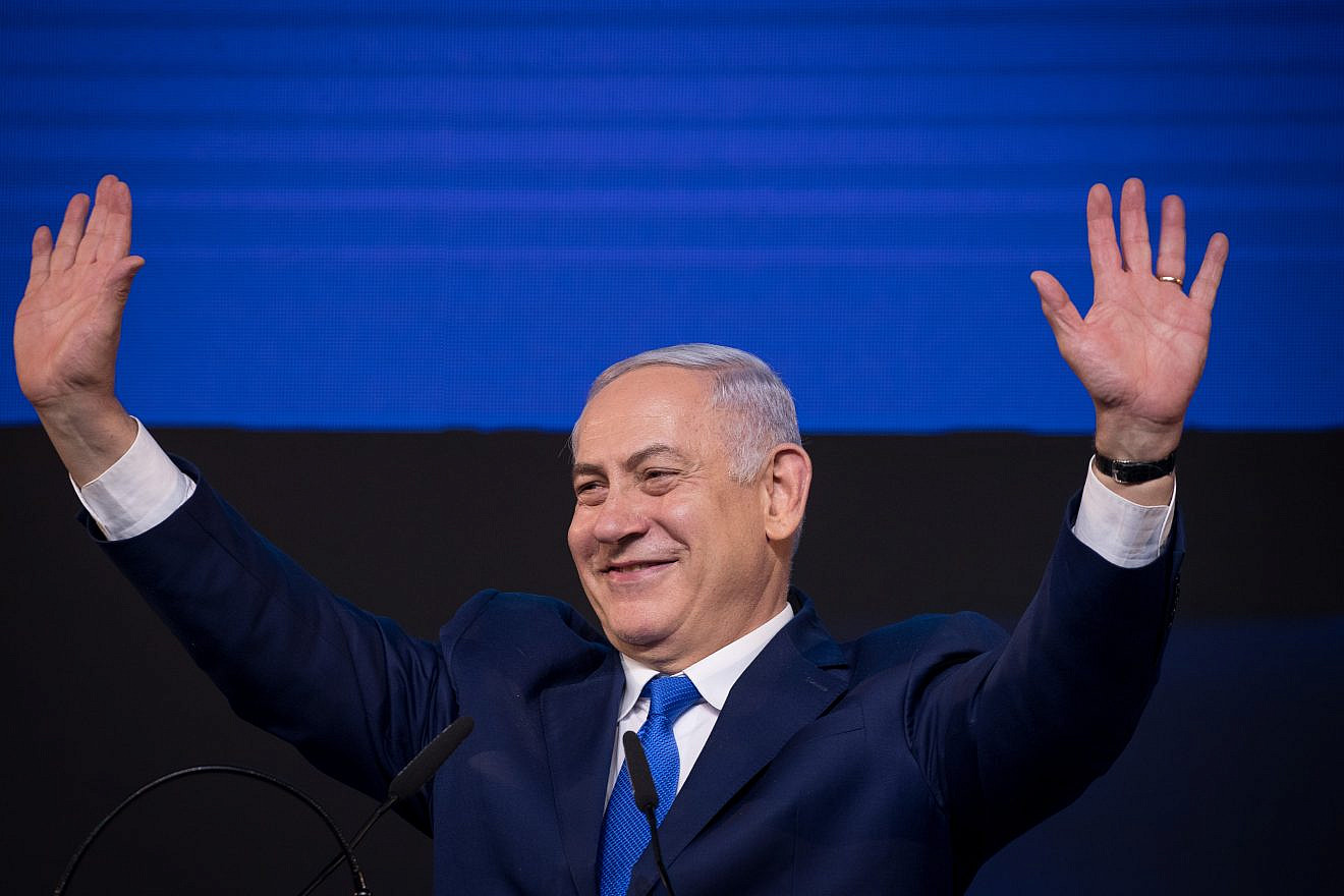 Israeli Prime Minister Benjamin Netanyahu celebrates at the Likud Party headquarters in Tel Aviv after the announcement of the election results on April 9, 2019. Photo by Yonatan Sindel/Flash90.