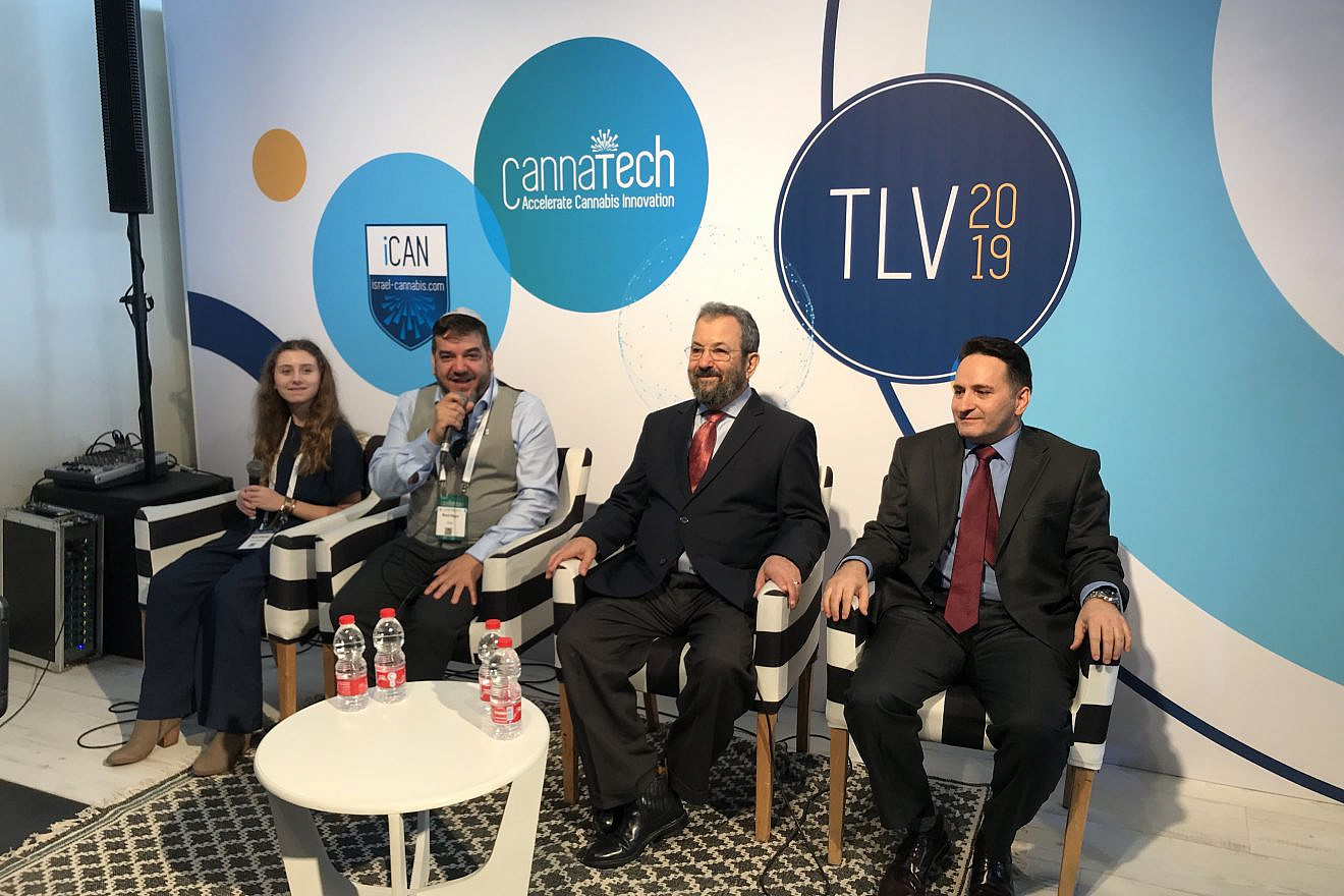From left: Rylie Maedler, a 13-year-old from Delaware who has used medical cannabis to successfully treat bone tumors; Saul Kaye, CEO and founder of CannaTech and iCAN: Israel-Cannabis; former Israeli Prime Minister Ehud Barak, now chairman of the Israeli medical-cannabis company CANNDOC/Intercure; and Yona Levy, CEO of Alvit Pharma, one of Israel’s leading cannabis companies. Photo by Israel Kasnett.