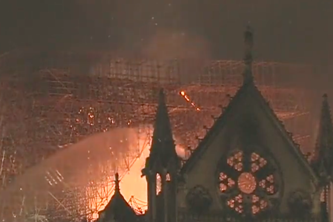 The Notre Dame Cathedral fire, April 15, 2019. Credit: Screenshot.