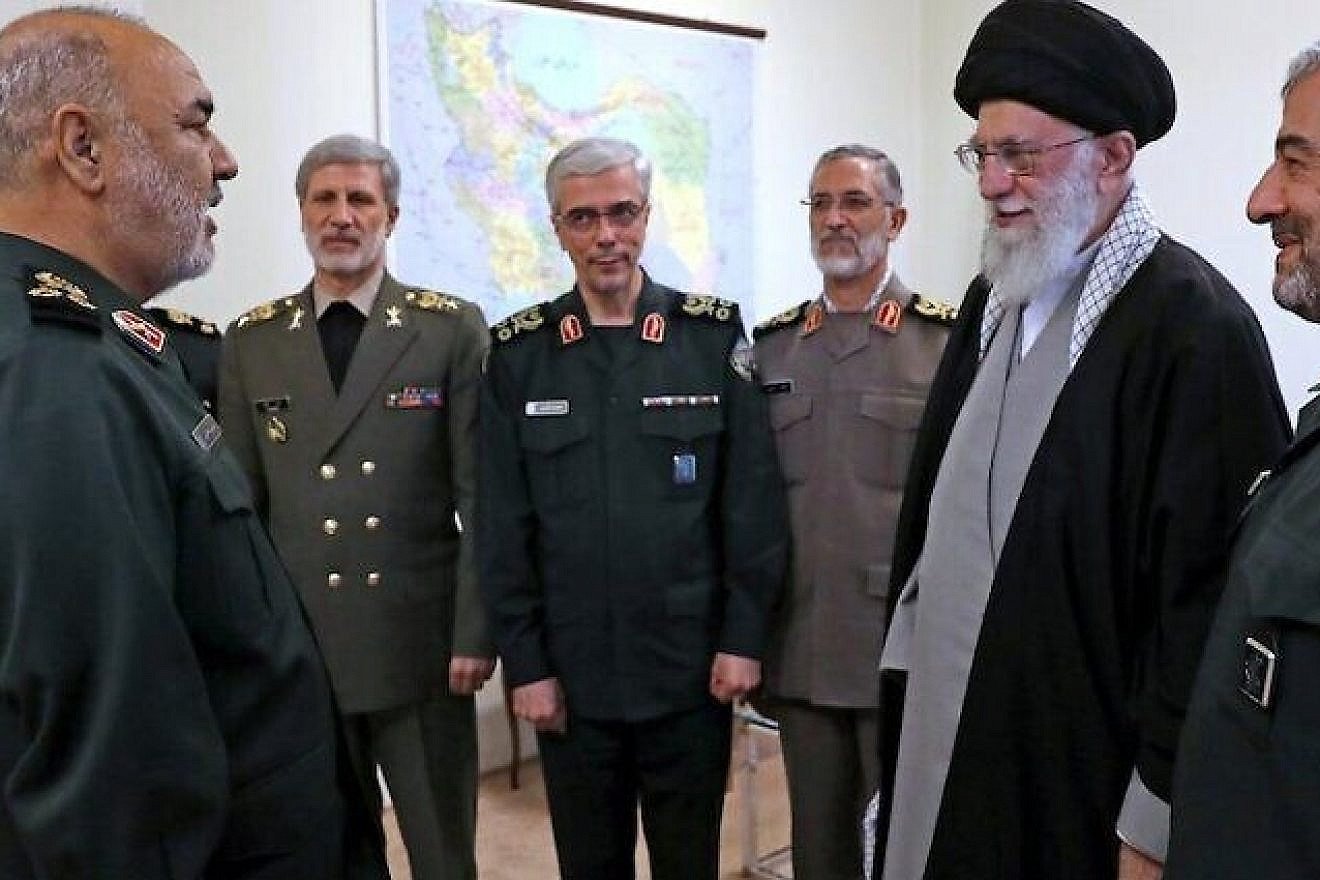Iranian Supreme Leader Ayatollah Ali Khamenei (far right) promotes Hossein Salami (far left) to commander-in-chief of the Islamic Revolutionary Guard Corps on April 21, 2019, in the presence of Iran’s military and IRGC leadership. Source: Iran Press.
