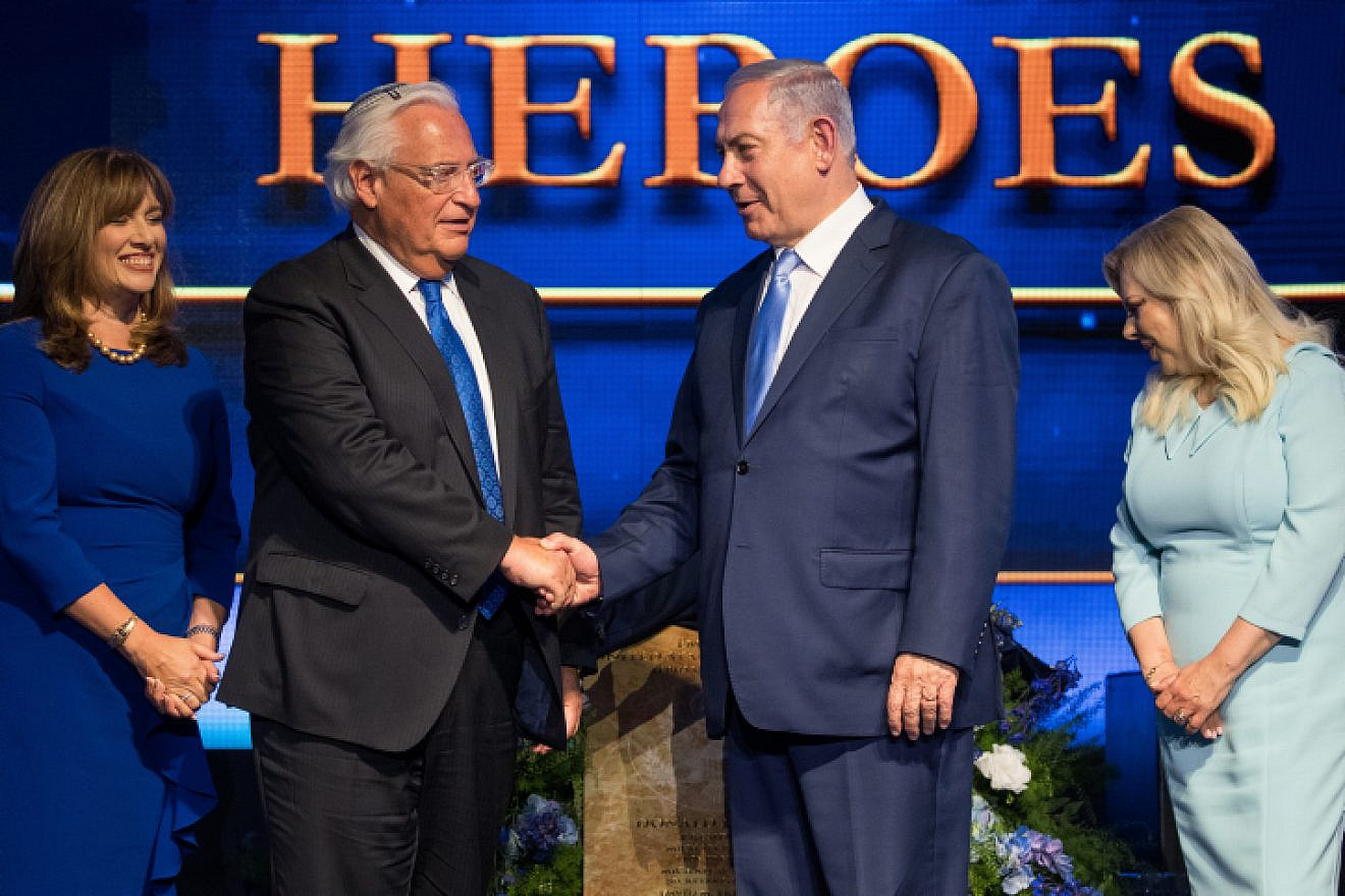 US Ambassador to Israel David Friedman and Prime Minister Benjamin Netanyahu at an event marking one year since the transfer of the US Embassy from Tel Aviv to Jerusalem and announcing the moving of the Ambassador's official residence to Jerusalem, on May 14, 2019. Photo by Yonatan Sindel/Flash90.
