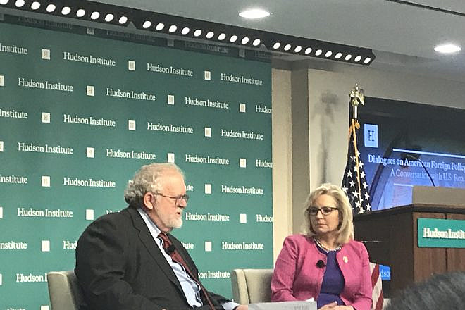 Rep. Liz Cheney (R-Wyo.), chair of the House Republican Conference, discusses foreign policy with global-affairs scholar Walter Russell Mead at the Hudson Institute in Washington, D.C., on May 14, 2019. Photo by Jackson Richman/JNS.