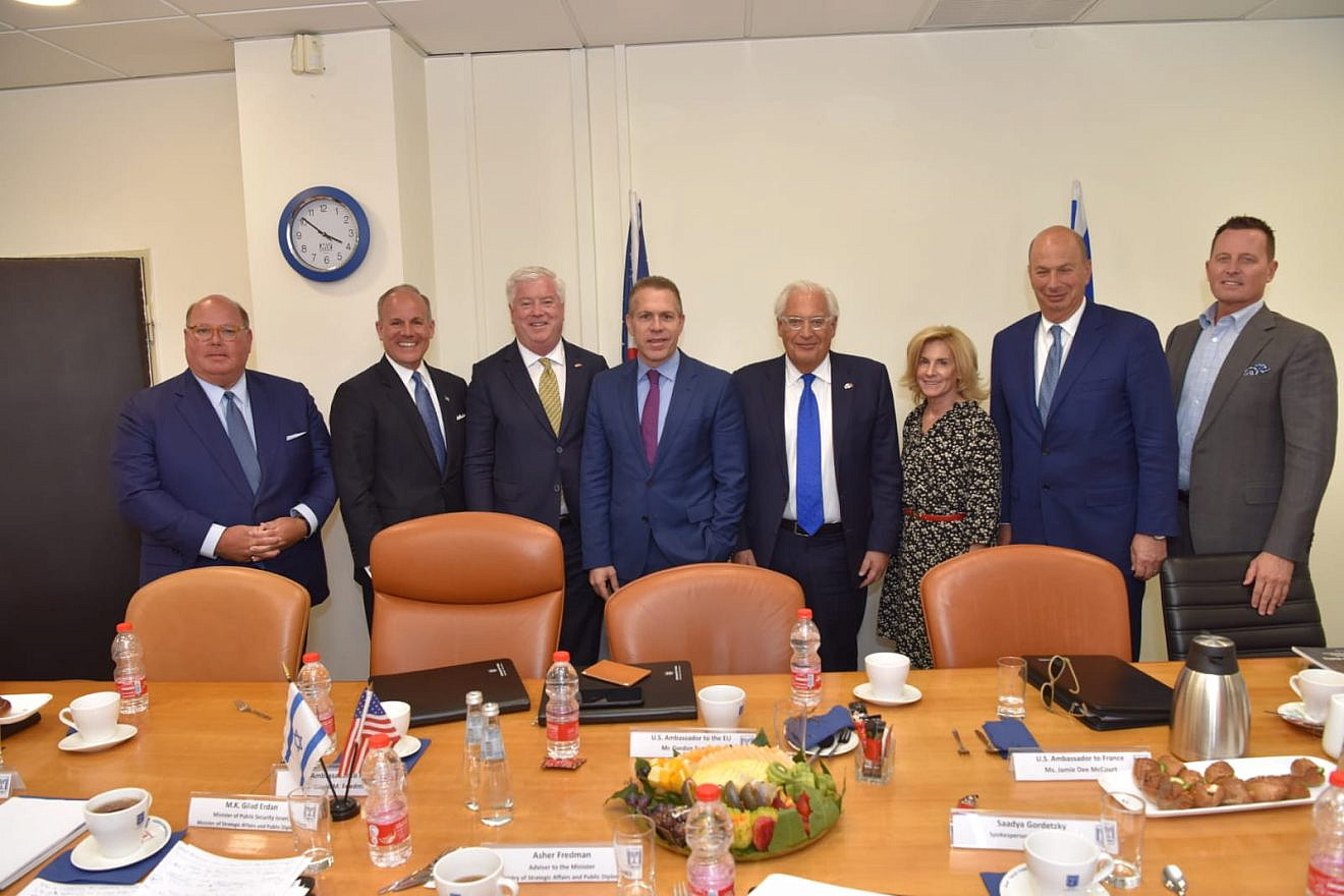 Israel's Strategic Affairs Minister Gilan Erdan (center) with a delegation of U.S. ambassadors visiting Israel on Sunday, including U.S. Ambassador to Israel David Friedman (center right) and U.S. Special Envoy to Monitor Anti-Semitism Elan Carr (far right). Credit: Strategic Affairs Ministry.