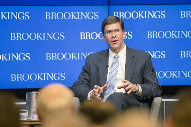 Then-U.S. Secretary of the Army Mark Esper outlines the U.S. Army Vision at the Brookings Institution in Washington, D.C., on June 5, 2018. Credit: Daniel Torok/U.S. National Guard.