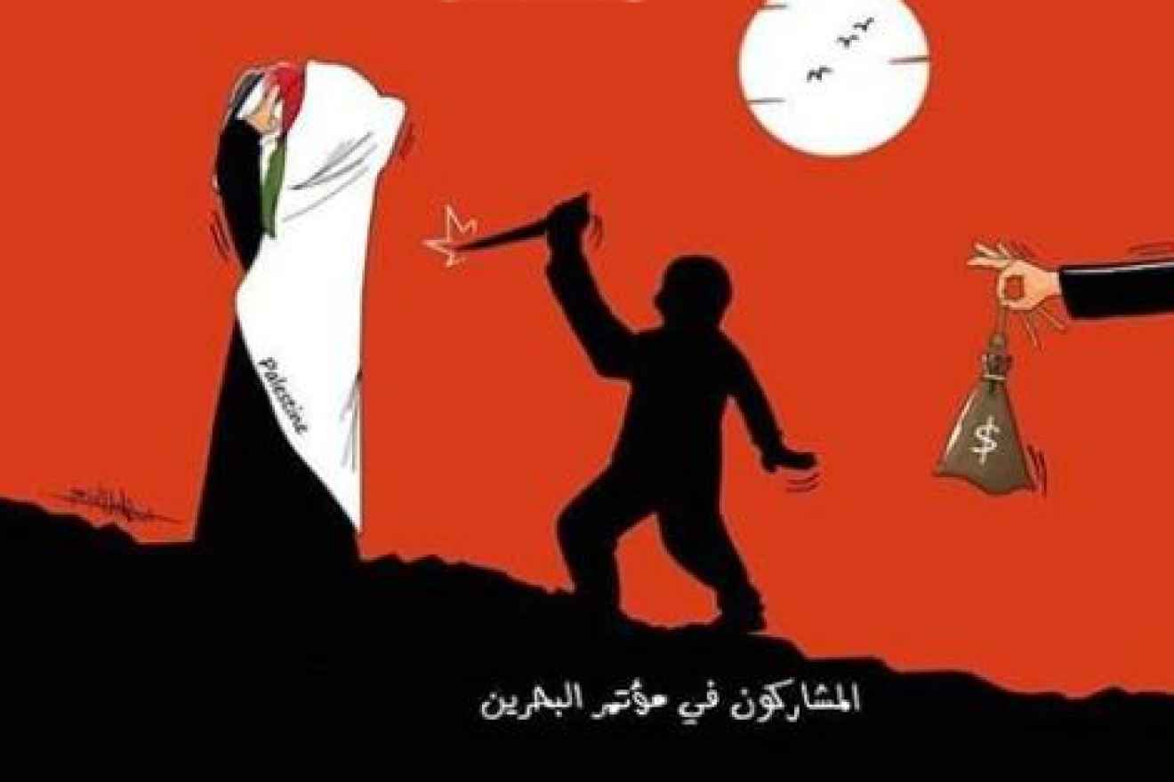 The text under the man holding the knife reads: "The participants in the Bahrain conference." This cartoon was posted on the official Fatah Facebook page on June 23, 2019. Credit: PMW.