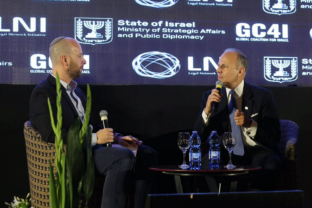 U.S. Special Envoy to Monitor and Combat Anti-Semitism, Elan Carr speaking at the Annual Global Coalition 4 Israel (GC4I) Forum in Jerusalem. Carr made a series of remarks on the worrisome rise of anti-Semitism and its ties to the BDS movement. Credit: Israel's Strategic Affairs Ministry via Twitter.