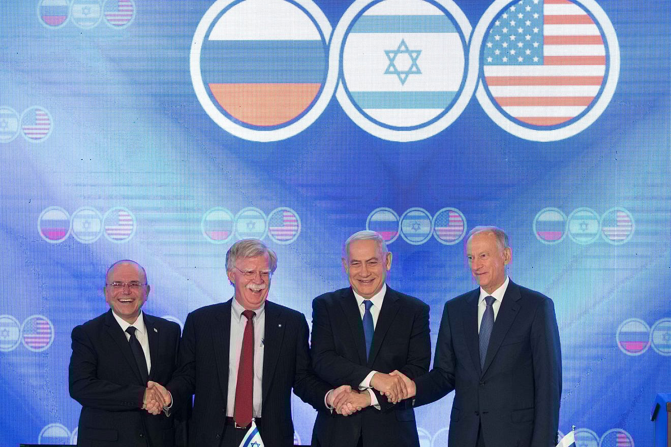 From left: Israeli National Security Adviser Meir Ben-Shabbat; U.S National Security Advisor John Bolton; Israeli Prime Minister Benjamin Netanyahu; and Nikolai Patrushev, secretary of the Russian Security Council during opening statements of a trilateral meeting between at the Orient in Jerusalem on June 25, 2019. Photo By Noam Revkin Fenton/Flash90.