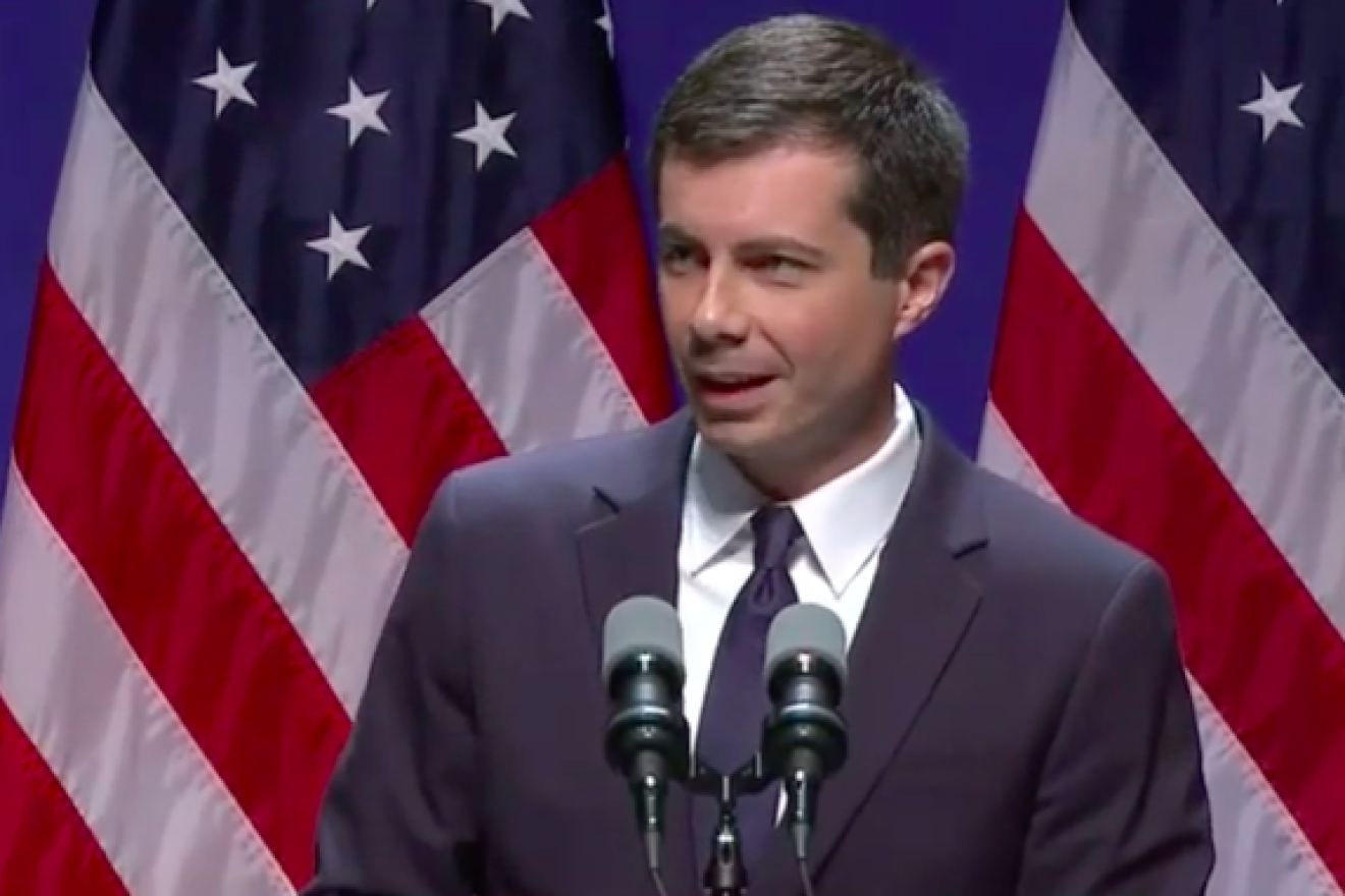 Pete Buttigieg, mayor of South Bend, Ind., gives a speech on foreign policy and national security at the University of Indiana, Bloomington, on June 11, 2019. Credit: Screenshot.