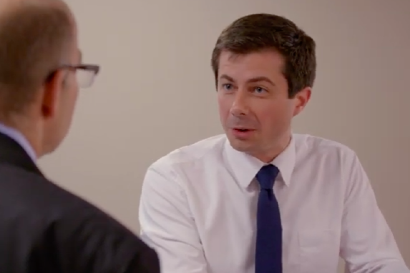 Pete Buttigieg, mayor of South Bend, Ind., talks to Axios co-founder and executive editor Mike Allen in an interview for HBO. Credit: Screenshot.