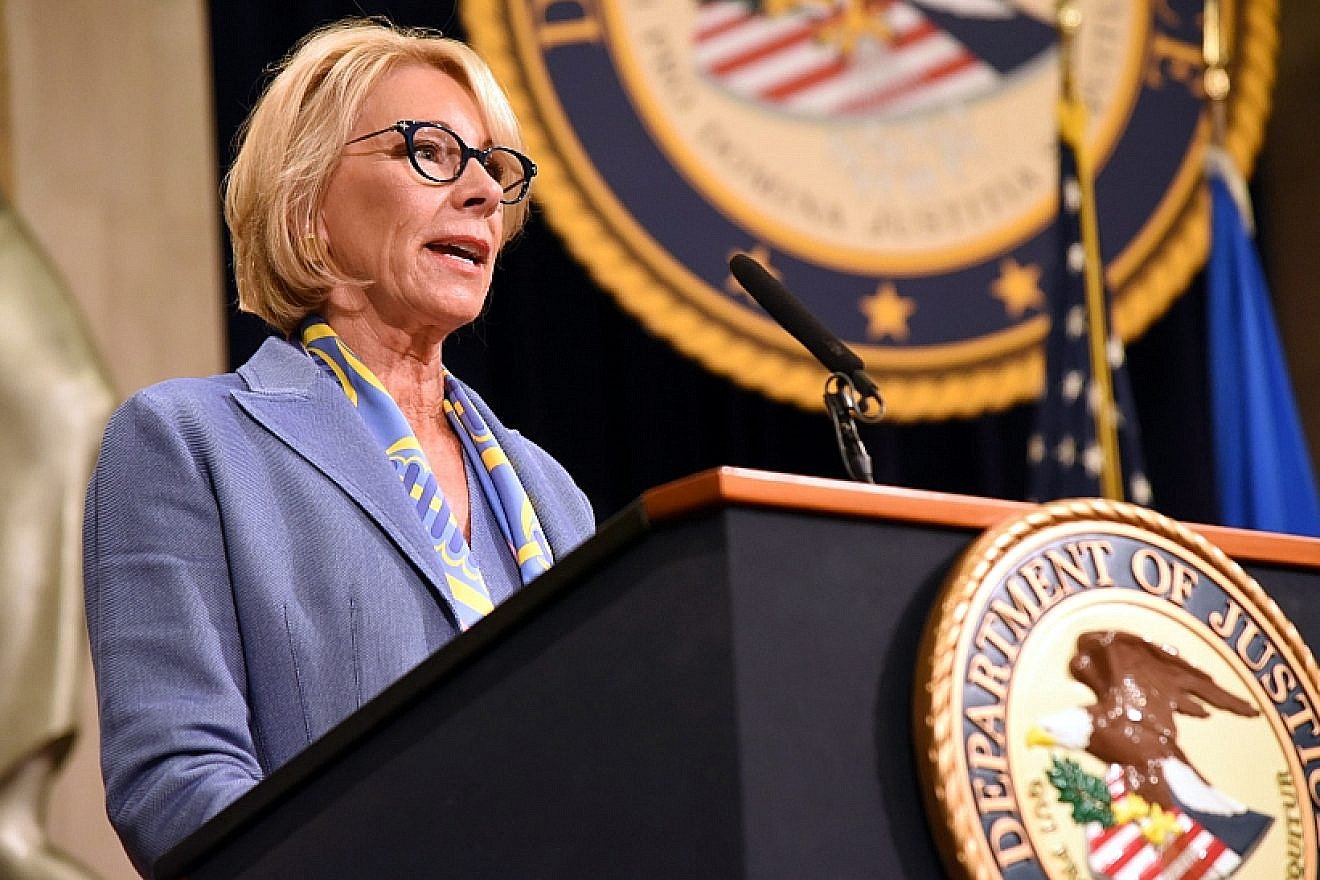 U.S. Secretary of Education Betsy DeVos speaking at the U.S. Department of Justice Summit on Combating Anti-Semitism on July 15, 2019. Credit: DOJ.