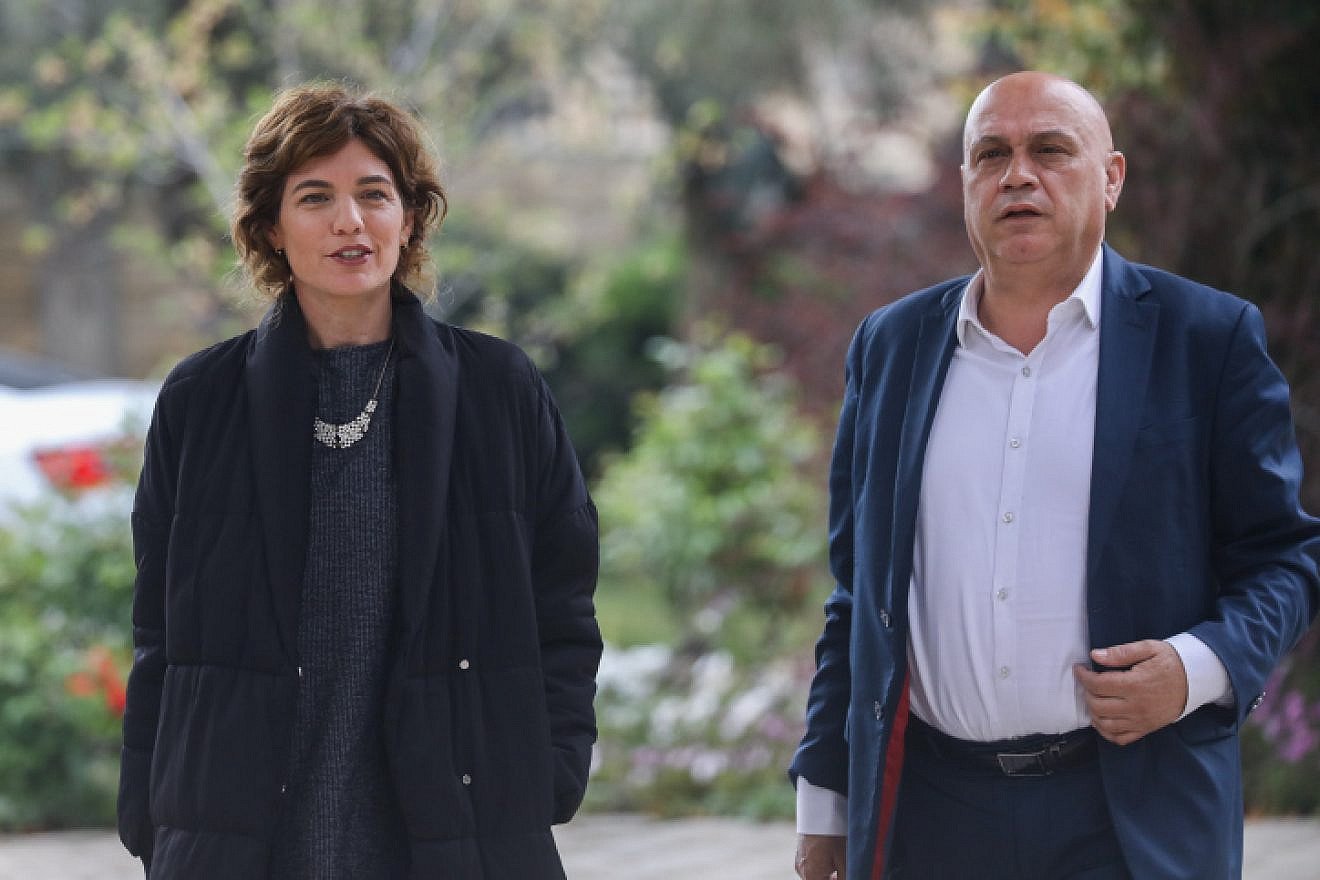 Tamar Zandberg and Issawi Frej of the Meretz Party arrive for a meeting with Israeli President Reuven Rivlin at the President's Residence in Jerusalem on April 16, 2019. Photo by Noam Revkin Fenton/Flash90.
