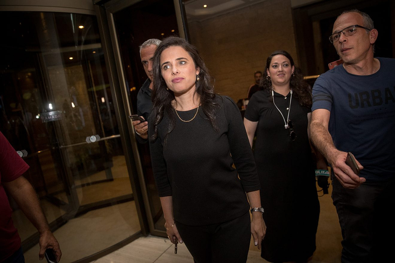 New Right Party chair Ayelet Shaked arrives at the Ramada Hotel in Jerusalem for a meeting with Jewish Home Party chair Rafi Peretz after announcing their union in Jerusalem ahead of the September elections, July 28, 2019. Photo by Yonatan Sindel/Flash90.