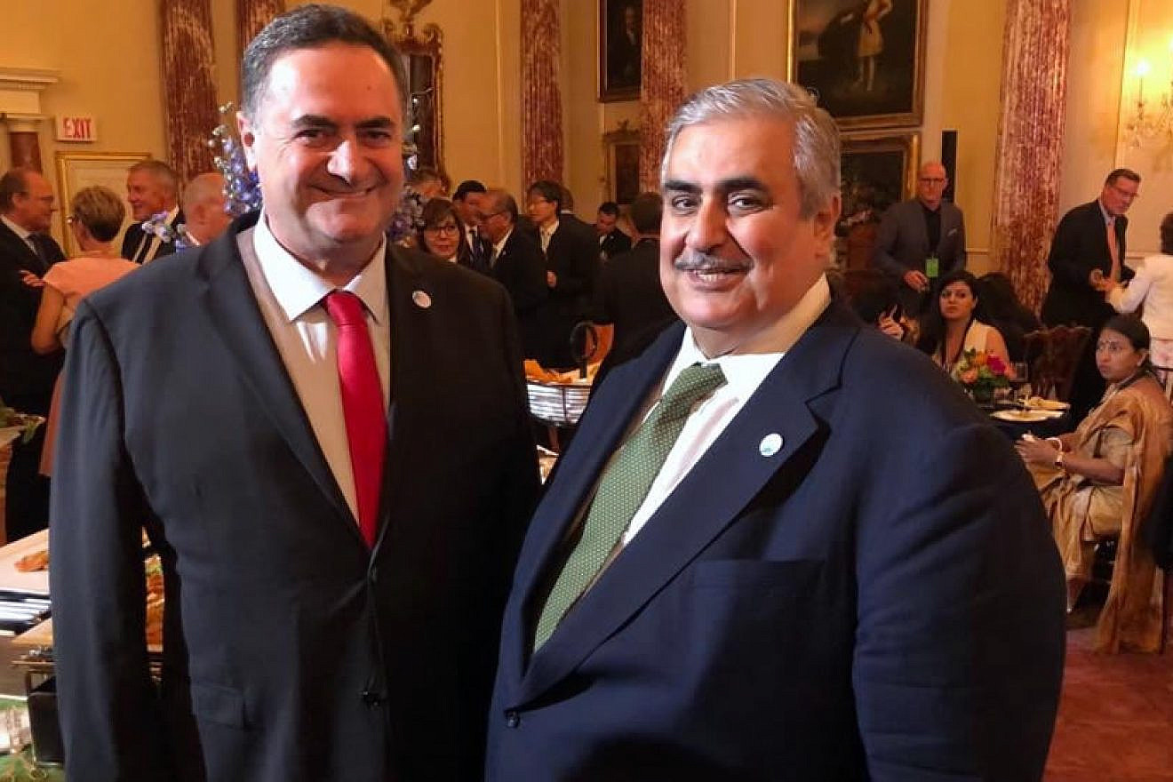 Israeli Foreign Minister Yisrael Katz (left) meets with and Bahraini Foreign Minister Khalid bin Ahmed Al Khalifa at the U.S. State department's Ministerial on Religious Freedom on July 18, 2019. Credit: Yisrael Katz/Twitter.