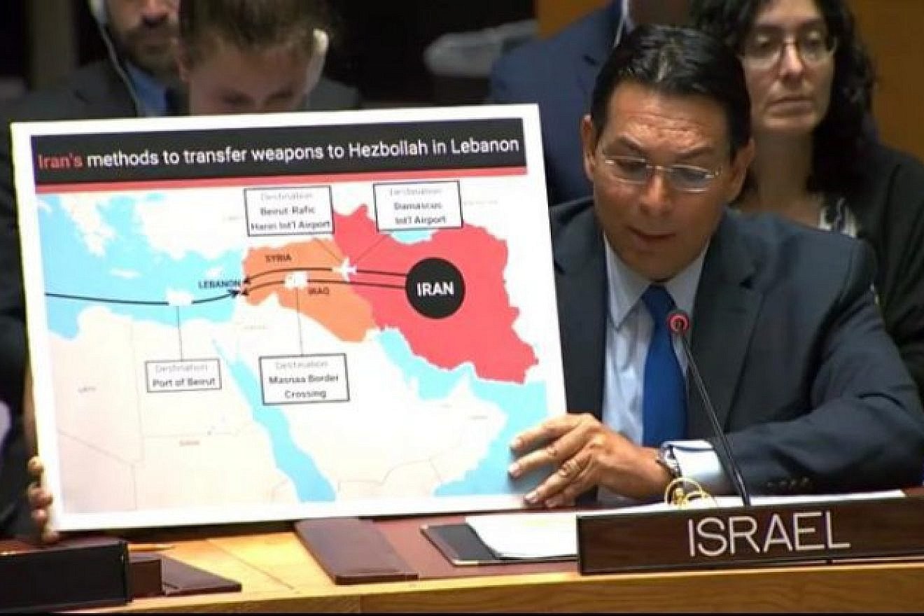 Israeli Ambassador to the United Nations Danny Danon shows a map marking some of the routes used by Iran to arm Hezbollah in Lebanon, at U.N. headquarters in New York on July 23, 2019. Credit: Israeli Mission to the United Nations.